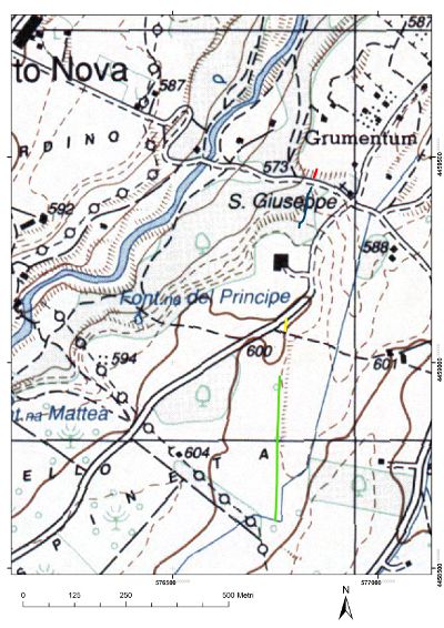 The remaining stretches of the aqueduct respectively in locality Spineta (drawn in green and yellow), in locality Fontana del Principe (drawn in blue), in locality San Giuseppe (drawn in red)