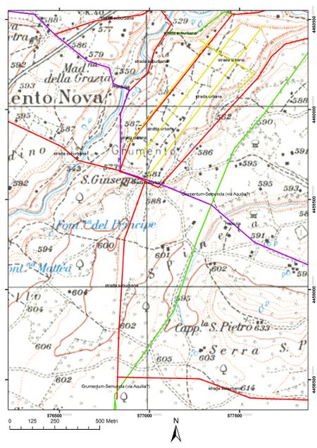 Carta della regione di Grumentum. In rosso la strada suburbana; in giallo la strada urbana; in verde la strada Grumentum-Semuncla (via Aquilia?); in viola la via Herculea (dal GIS del territorio di Grumentum, a cura di F. Tarlano)