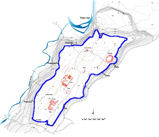 Planimetria della città con indicazione del circuito murario presumibile (Elaborazione grafica F. Soriano)