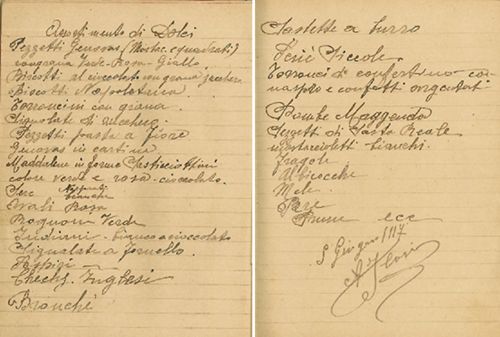 Assortimento dei dolci prodotti dalla Pasticceria Florio; nella seconda immagine, in basso si legge la firma autografa di Antonio Florio.